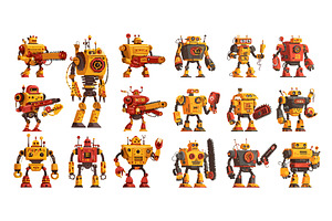 Robots cartoon vector set. Sci fi, a Technology Illustration by Onyx