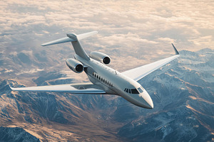 Modern private jet flying above snow, a Photo by Tanuart