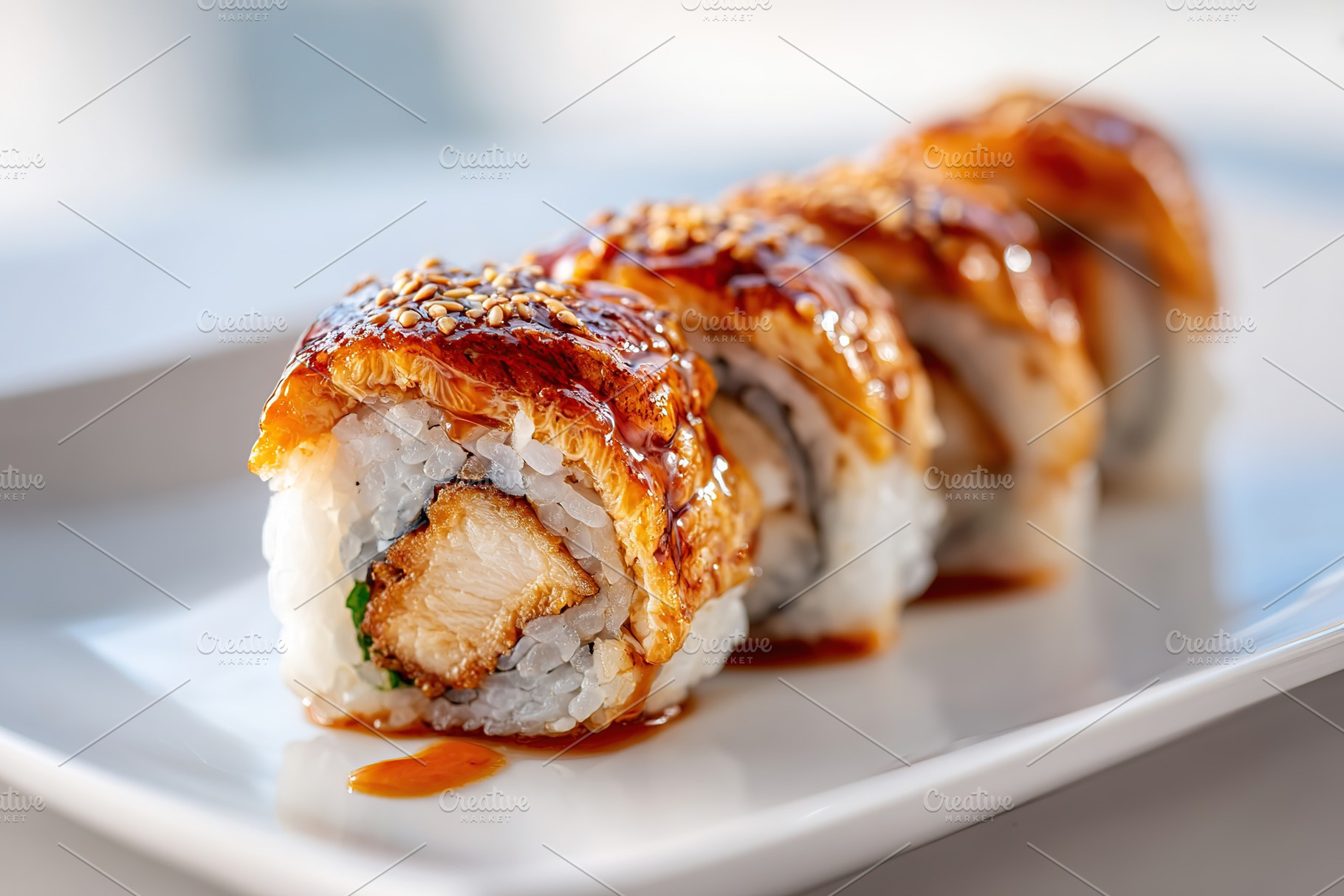Delicious sushi roll with sesame and sauce, a Food & Drink Photo by AlyaAnd