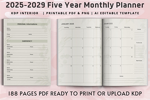 2025-2029 Five-Year Monthly Planner, a Print Template by Book2bees
