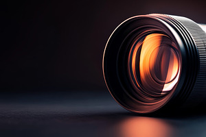 Close-up of a professional camera lens with a warm glow, an Abstract Photo by Natalia Klenova's Shop