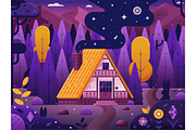 Forest Chalet House by Night, an Illustration by Alex Krugli (Thumbnail 1 of 3)