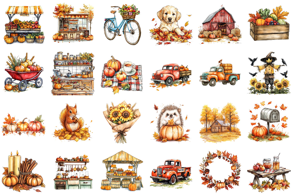 Watercolor Farm Truck, Fall Clipart, an Illustration by Sublimation Artist (Photo 2 of 6)