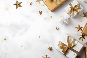 Elegant Christmas gifts wrapped in white and gold paper, adorned, a Holiday Photo by Mashimara