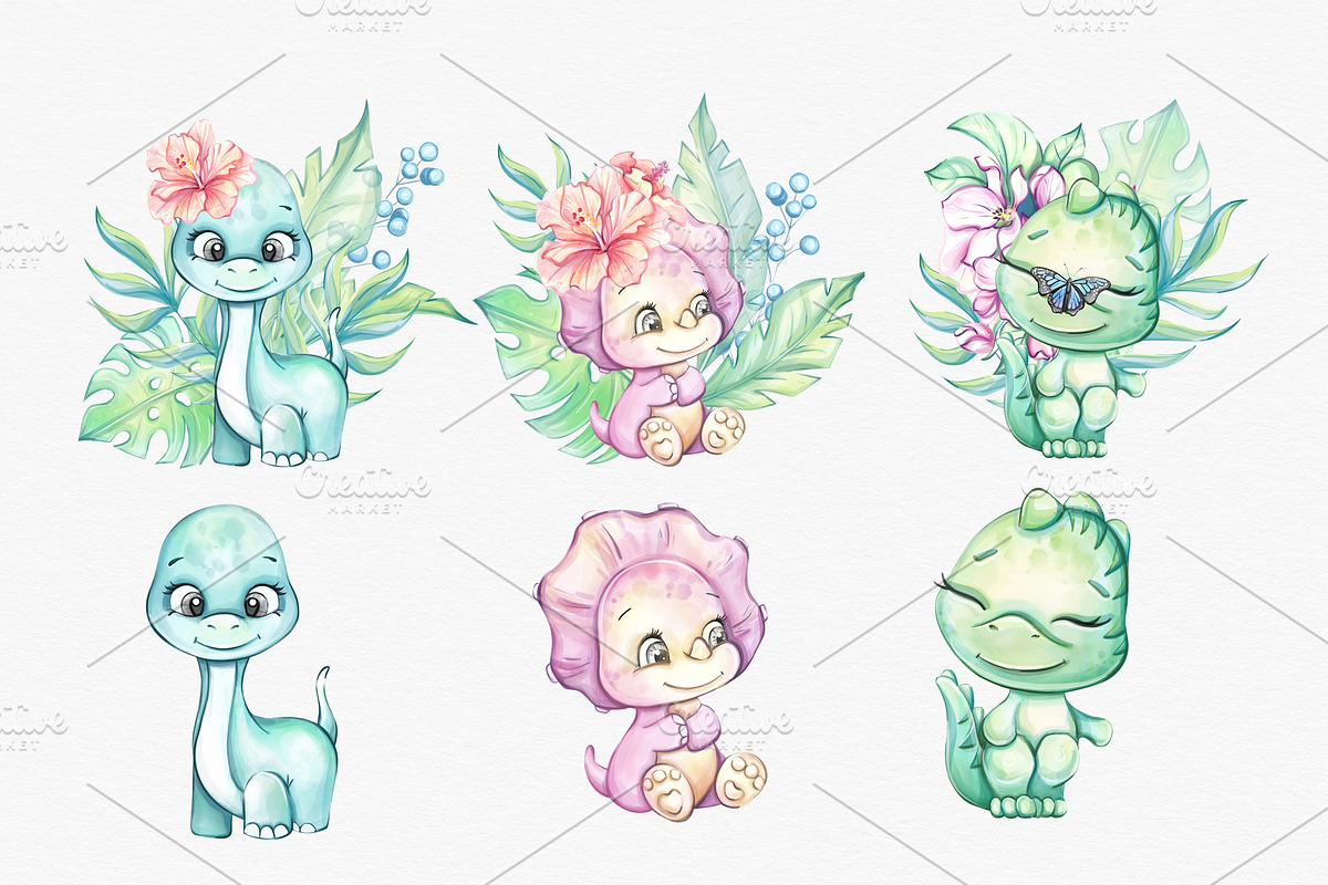 Watercolor Baby Dino Friends, an Animal Illustration by katmonne (Photo 2 of 7)