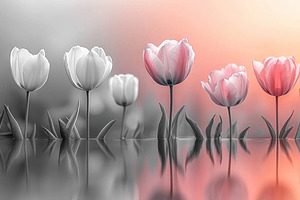 Row of white and pink tulips with soft reflections on water and, a Nature Photo by José Manuel Gelpi