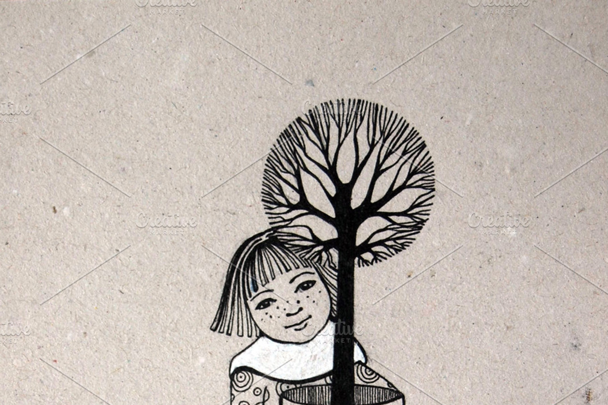 girl holding tree, an Illustration by rebekka_ivacson