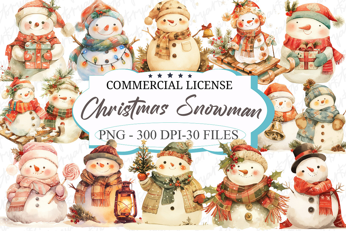Watercolor Christmas Snowman Clipart, an Illustration by designcity5 (Photo 1 of 5)