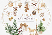 Gold Christmas Watercolor Clipart, a Decorative Illustration by Beigetime (Thumbnail 1 of 18)