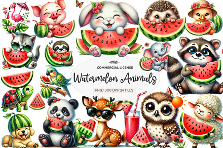 Summer Animals Enjoy Watermelon Clip, an Illustration by CreationArt