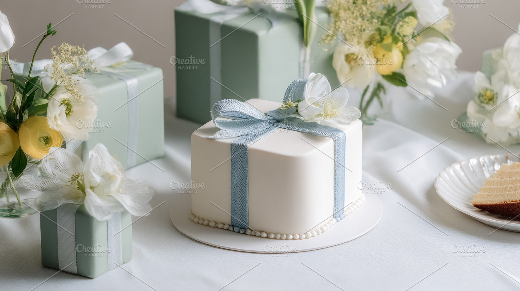 White square celebration cake with blue ribbon bow surrounded by, a Photo by Studio ANNA