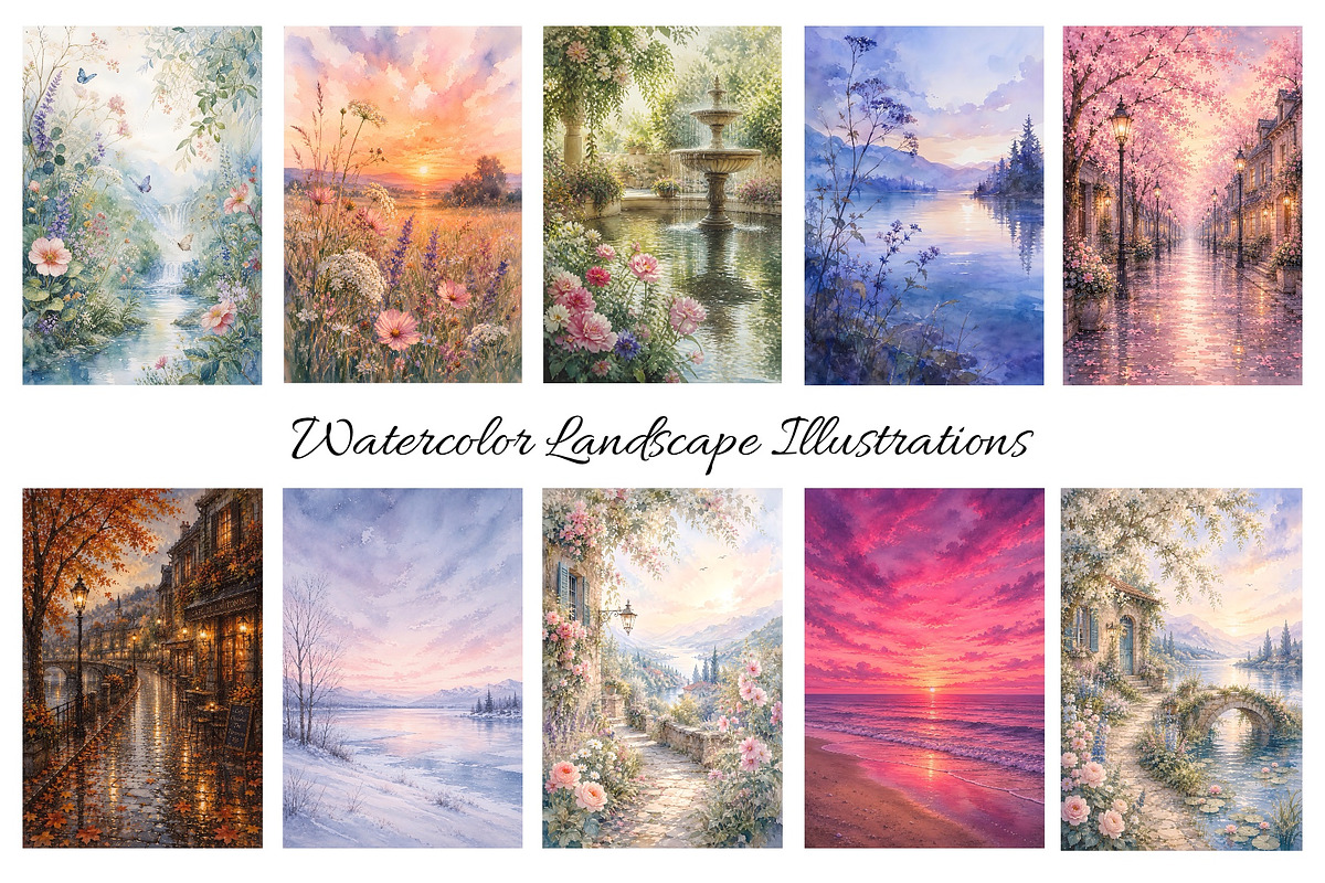Watercolor Landscape Illustrations, a Background Graphic by Victoria Obscure (Photo 2 of 4)