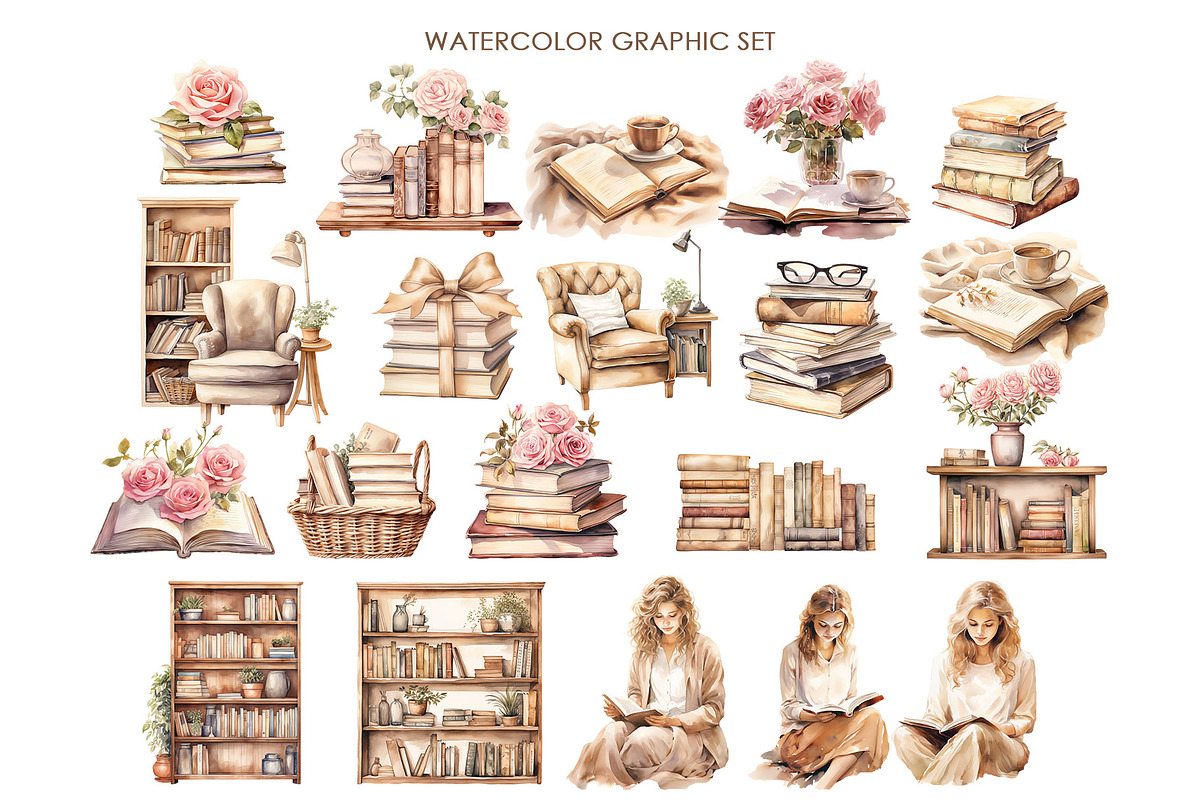 Watercolor reading book clipart., an Object Graphic by AquarelleSpace (Photo 2 of 4)