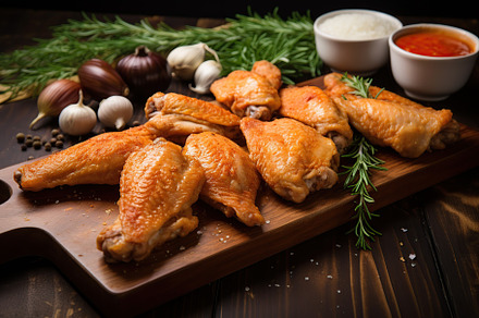 Grilled chicken legs with rosemary on brown wooden background, a Food & Drink Photo by AlyaAnd
