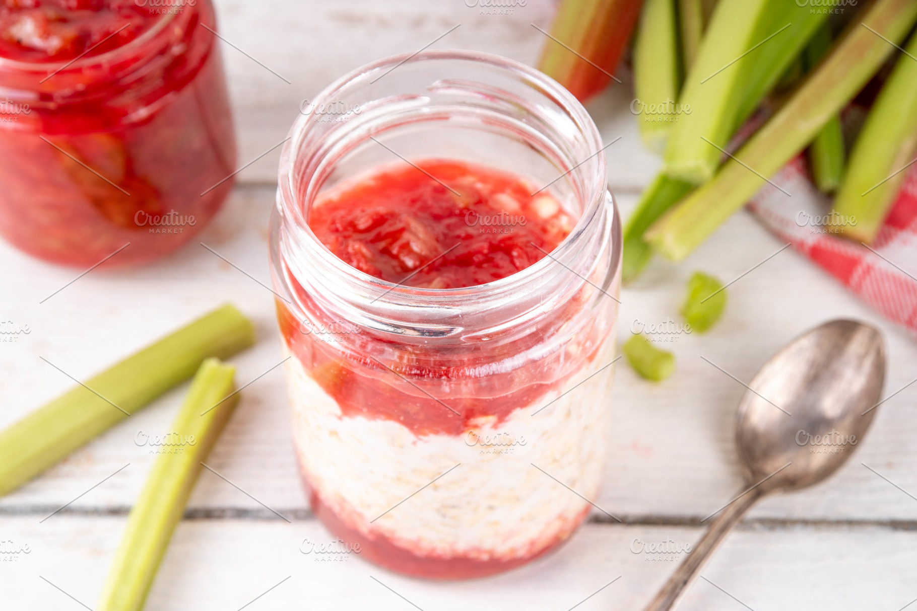 Sweet rhubarb overnight oats in portioned jar, a Food & Drink Photo by Rimma