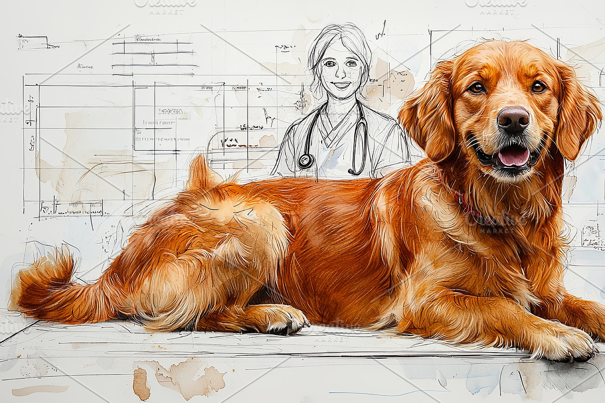 Golden retriever examined by veterinarian with sketched medical backdrop illust, an Illustration by AS photostudio
