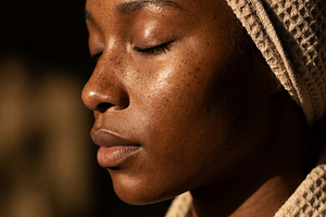 Serene Black woman with hair towel, a Beauty & Fashion Photo by Virgo Studio