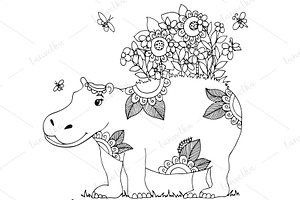 Doodle Hippopotamus And Flowers