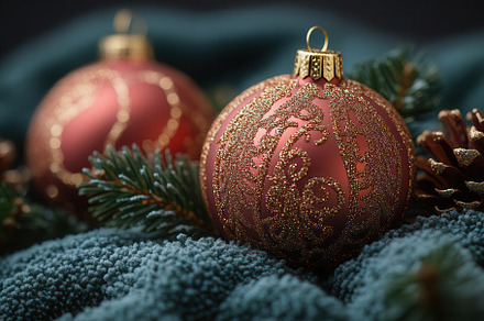 Elegant red Christmas ornaments nest, a Photo by Tanuart