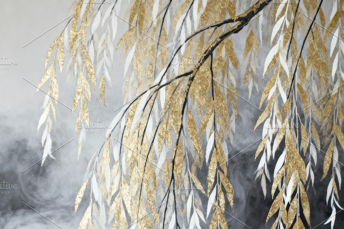 Ethereal Golden Willow Leaves Mural, a Decorative Illustration by Virgo Studio