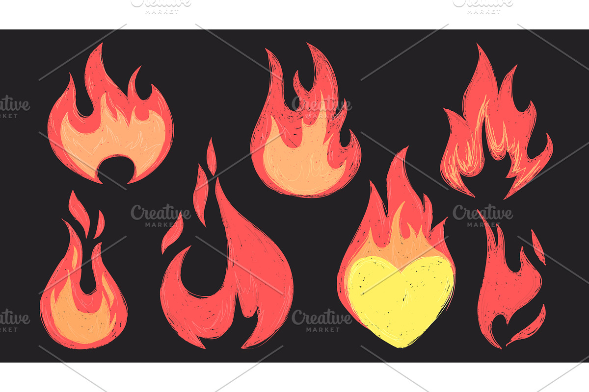 Grunge flame doodle icons with rough, an Object Illustration by art PVP - market