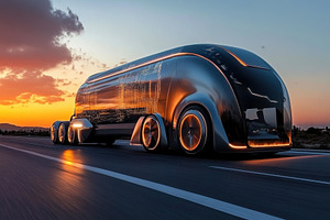 Futuristic truck driving on a highwa, a Photo by Tanuart