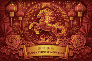 Fire Horse in Festive Red Illustrati, a Background Photo by Perpis