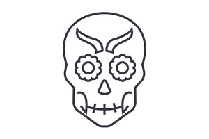 Mexican Skull Vector Line Icon, Sign, Illustration On Background, Editable Strokes