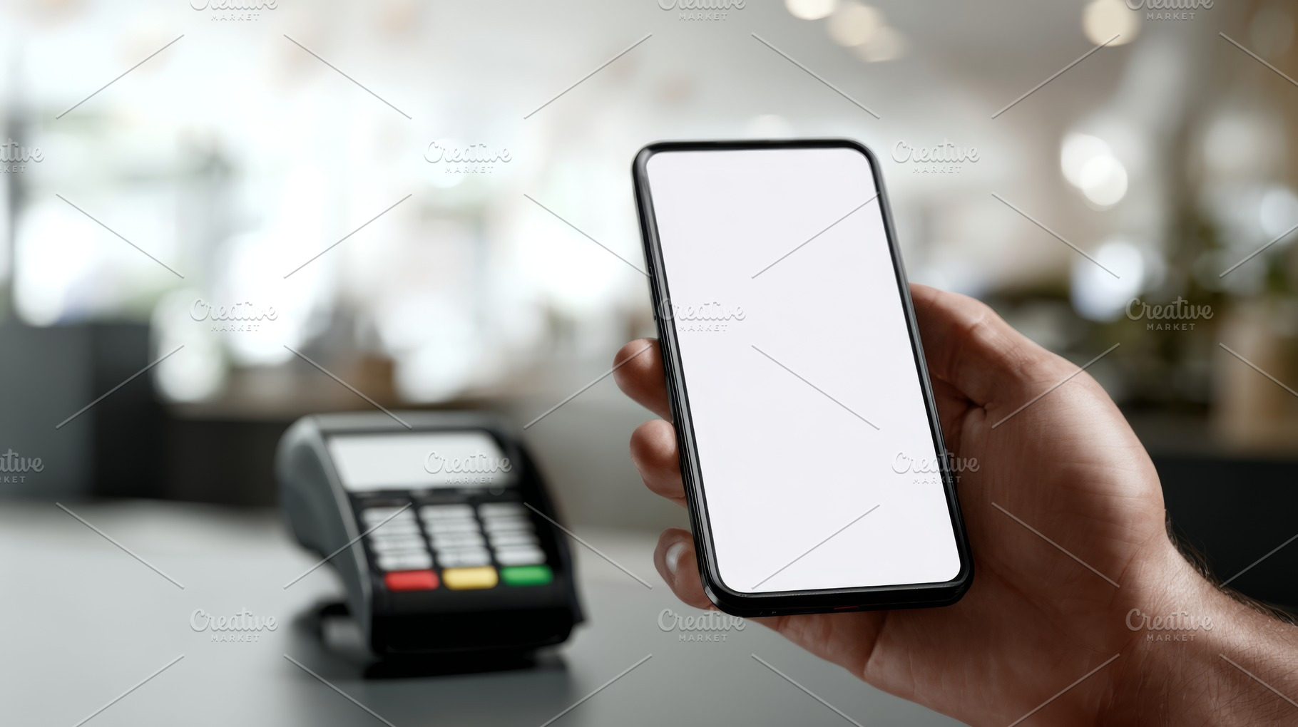 A person holds a smartphone ready to make a mobile payment at a card reader in, a Business Photo by ImageMir