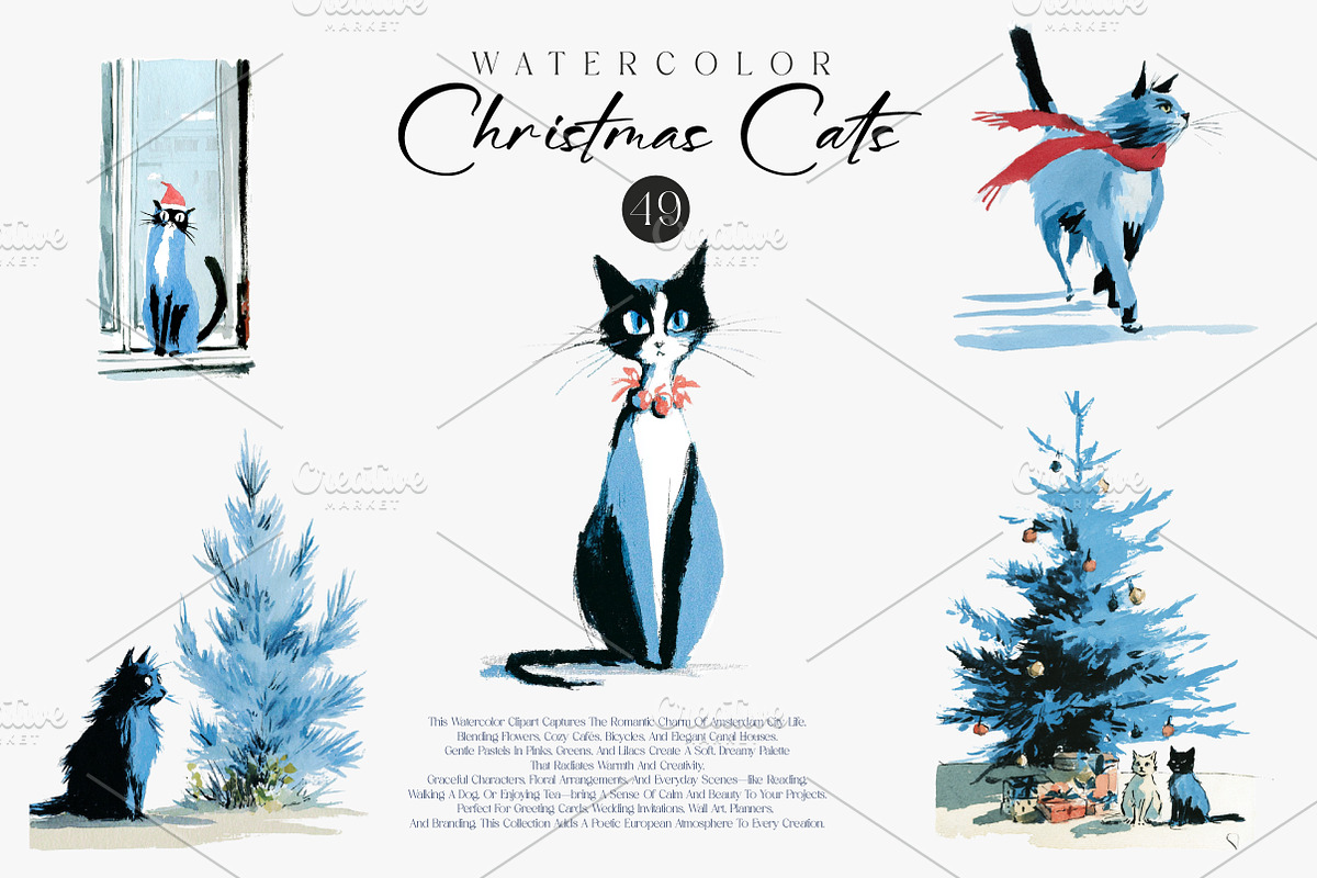 Christmas Cats Holiday Cats Set, an Illustration by CreationArt (Photo 4 of 7)