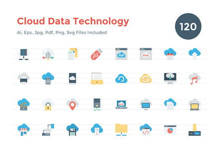 120 Flat Cloud Data Technology Icons, an Icon by Creative Stall