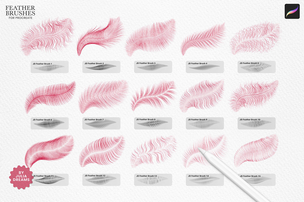 Feather Brushes for Procreate, a Brush Add-On by Julia Dreams (Photo 2 of 5)