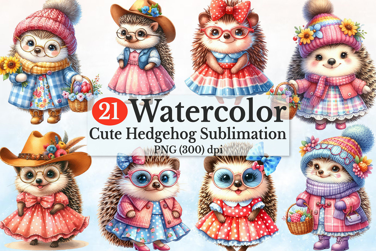 Watercolor Cute Hedgehog Clipart, a Seasonal Illustration by Rose Art (Photo 1 of 7)