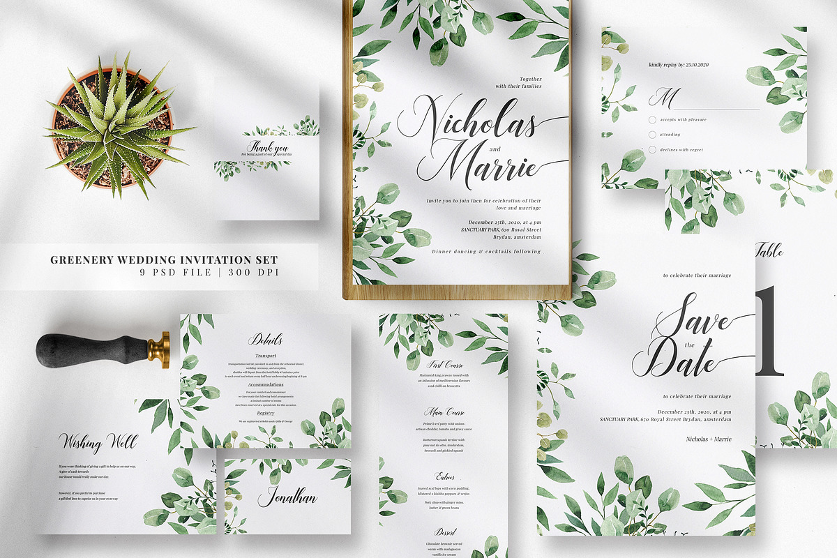 Greenery Wedding Invitation Set, an Invitation Template by Azka Creative (Photo 1 of 5)