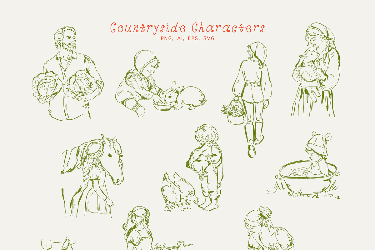 Rustic Countryside Line Art Collection