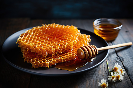 Honeycomb with honey and honey dipper on wooden background, a Food & Drink Photo by AlyaAnd