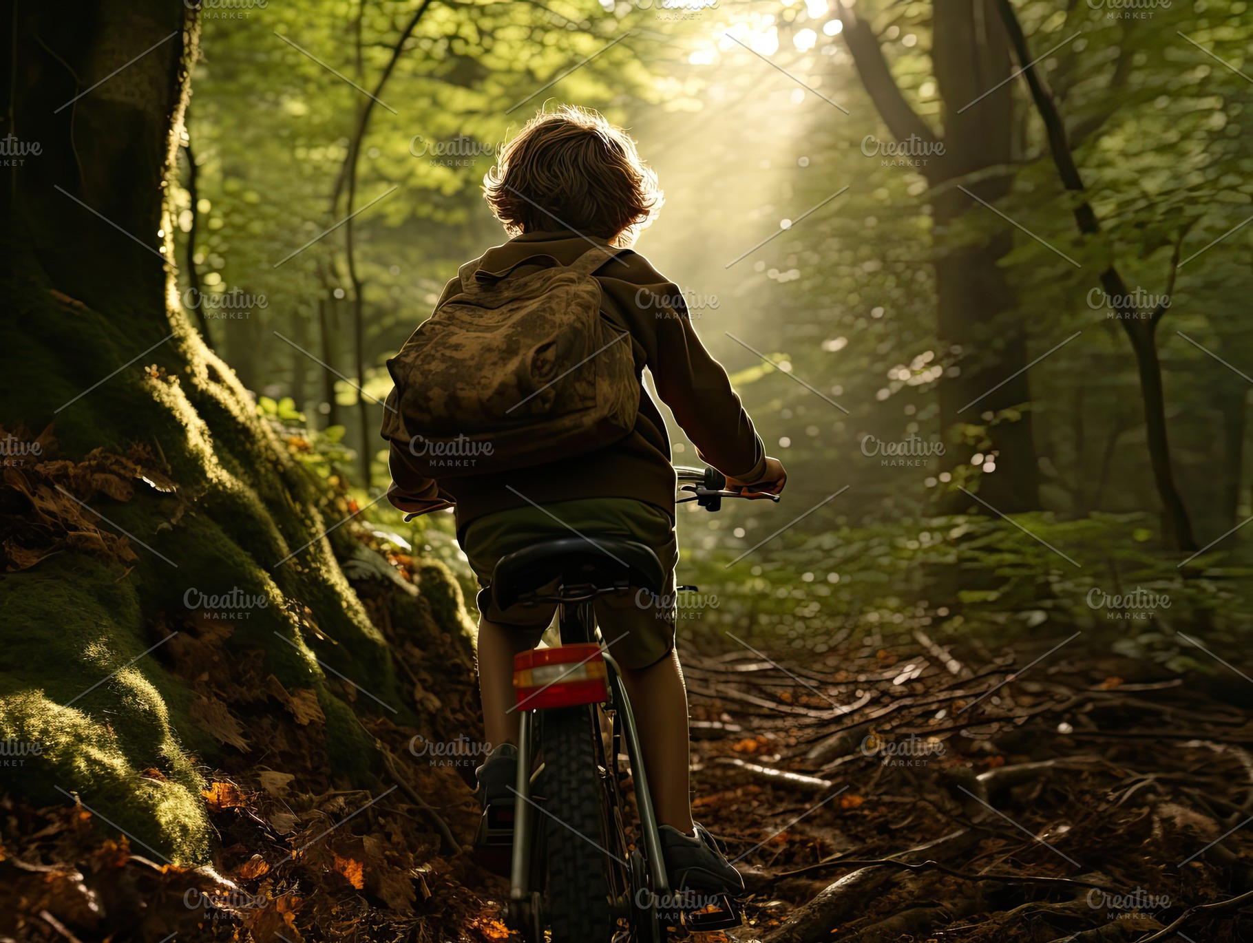 Young boy cycling through a lush for, a Photo by SaroStock