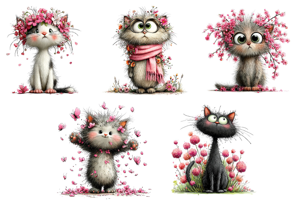 Whimsical Spring Cats Clipart Bundle, an Illustration by Dream Creation (Photo 6 of 6)