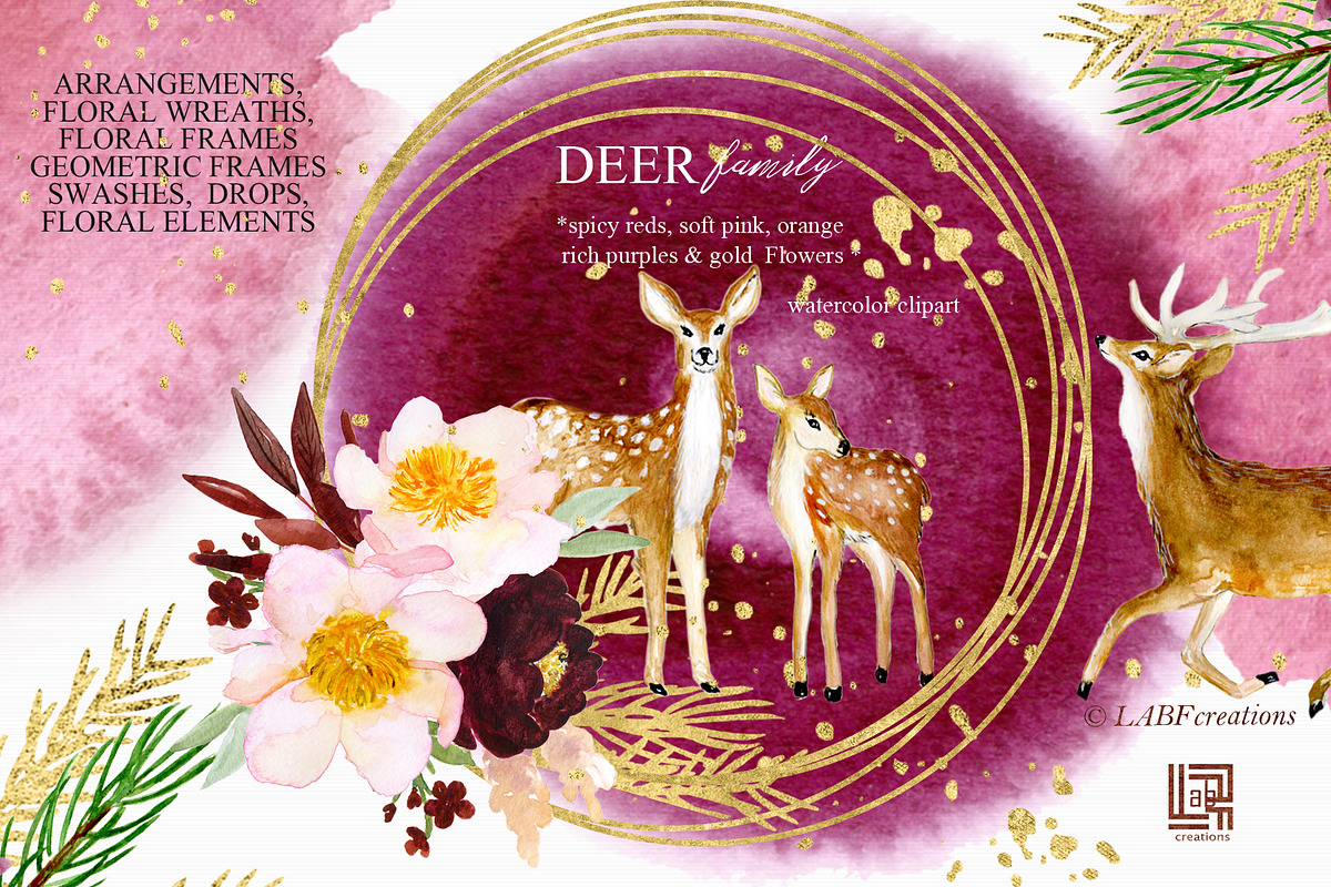Autumn Watercolor Flowers. Deer, an Animal Illustration by LABFcreations (Photo 1 of 12)