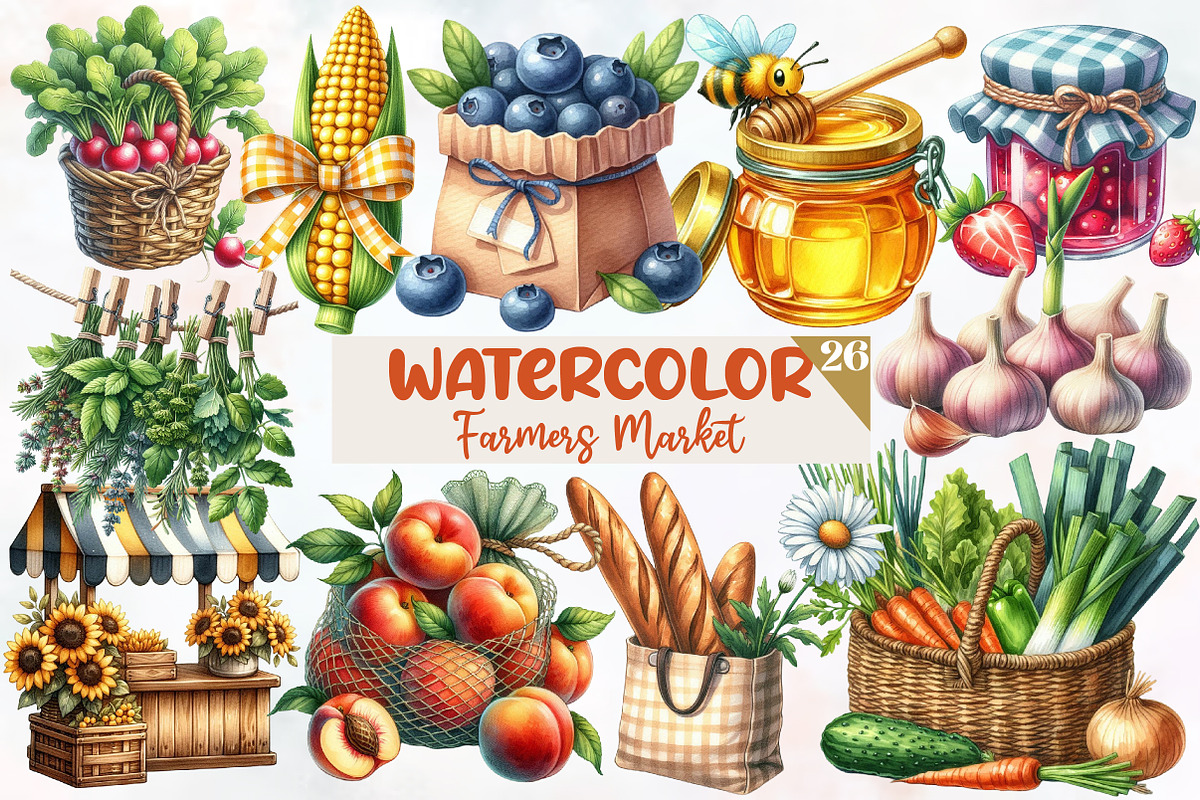 Watercolor Farmers Market Clipart, an Illustration by Designworld (Photo 1 of 6)