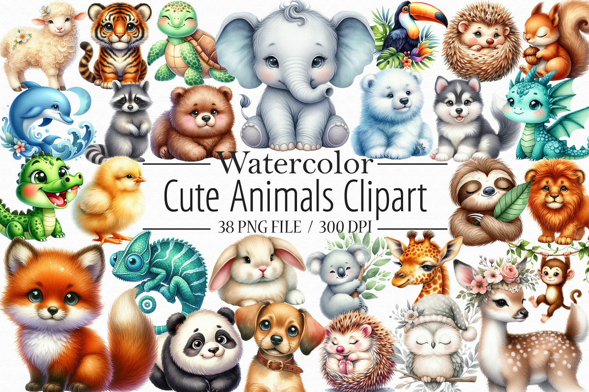 Cute Animals Watercolor Clipart, an Illustration by Libby Wishes (Photo 1 of 10)