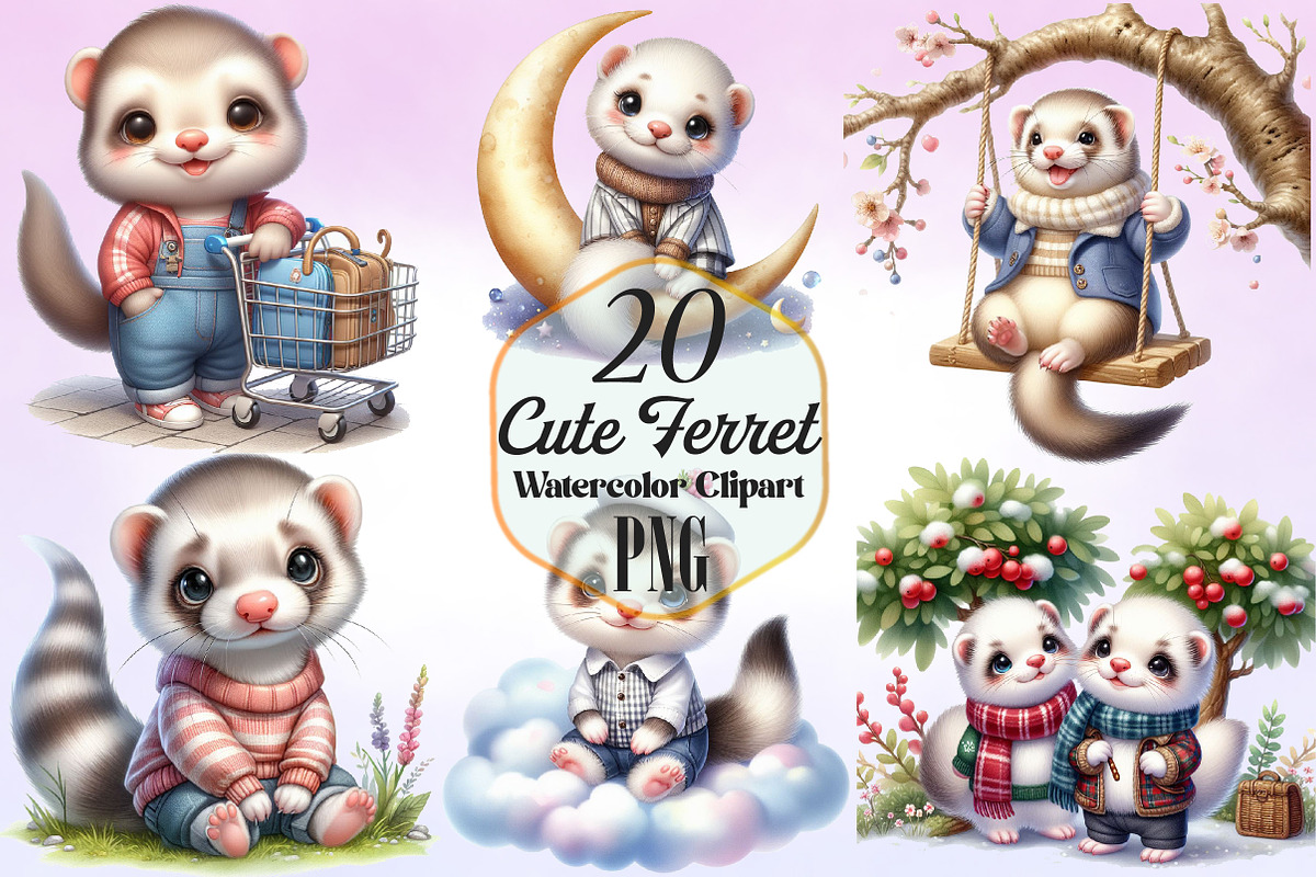 Watercolor Cute Ferret Clipart, an Animal Illustration by Craft Nest (Photo 1 of 3)
