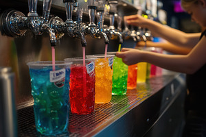 A soda fountain pouring vibrant, a Photo by Pavel_design