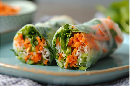 Fresh spring rolls on ceramic plate, a Food & Drink Photo by Ylivdesign