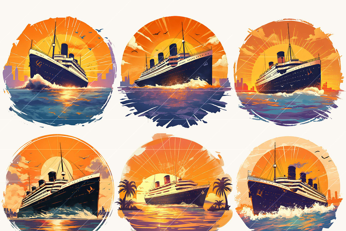 Vintage Cruise Ship Sunset Clipart, a Transportation Illustration by BusyDaydesign (Photo 4 of 9)
