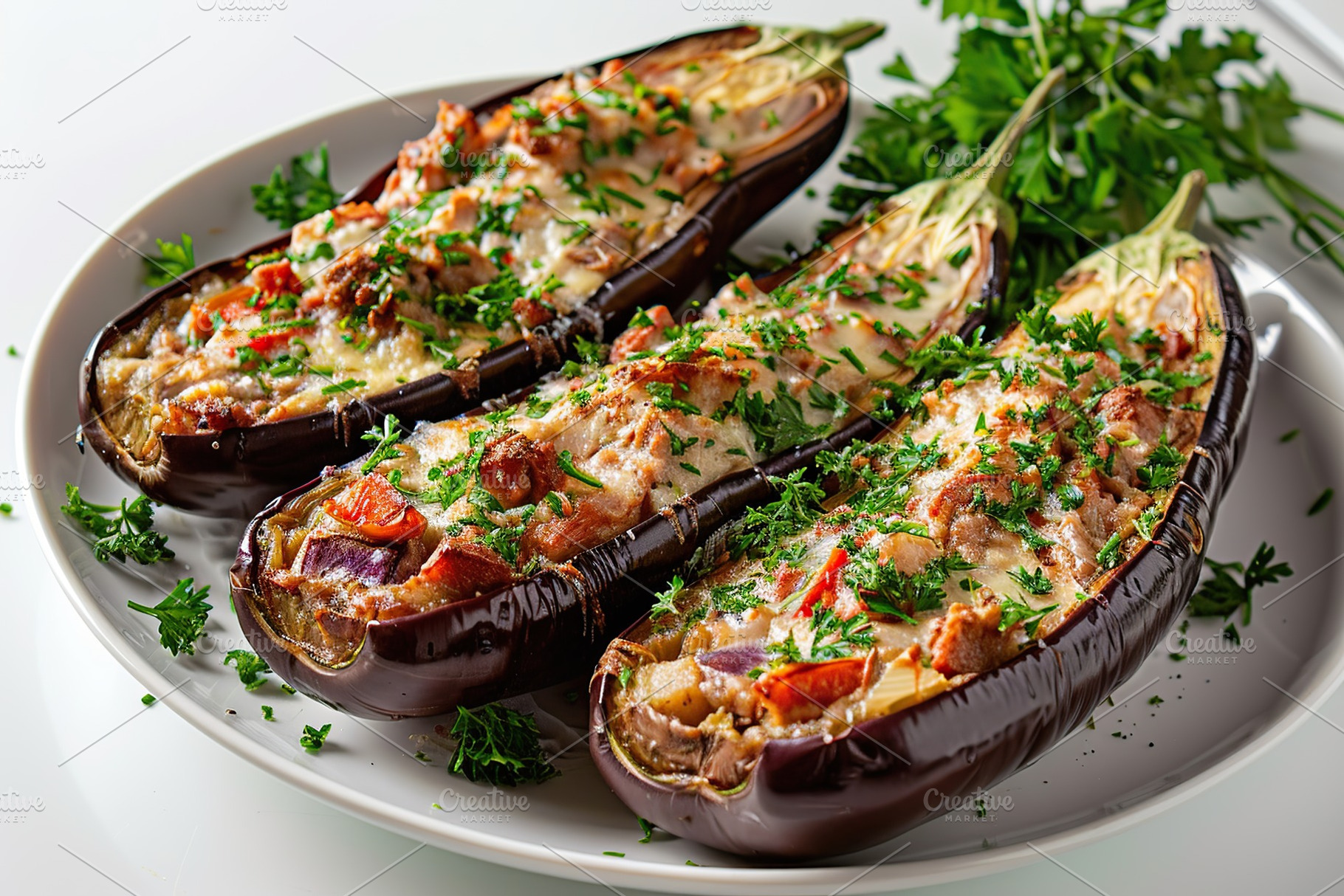 Eggplant stuffed with cheese and meat in plate, a Food & Drink Photo by AlyaAnd