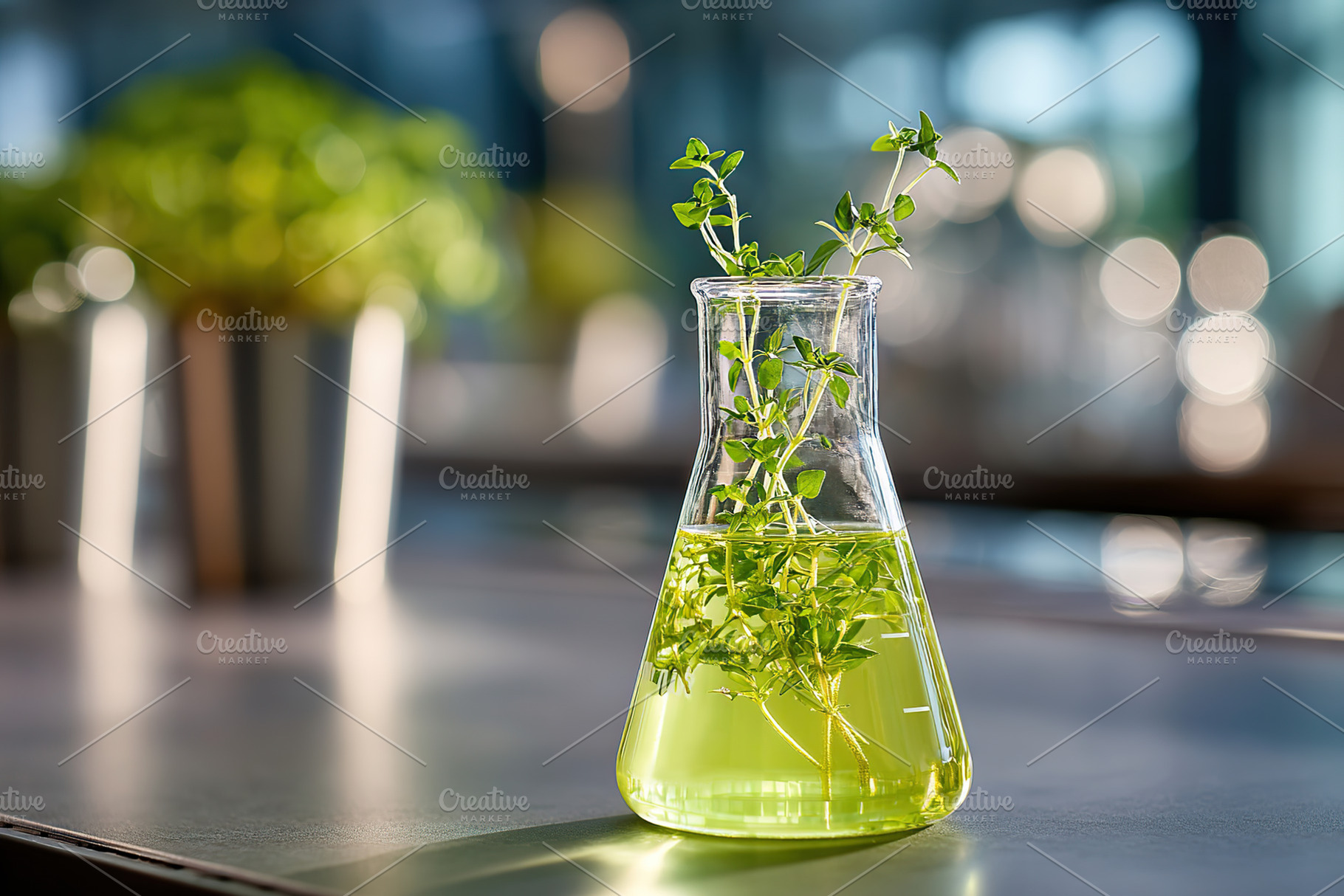 Bright green plant sprouting in a clear flask on a lab table in a modern labora, a Photo by AlyaAnd