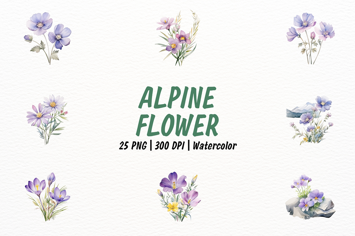 Watercolor Alpine Flowers Clipart, a Decorative Illustration by New-School-Wave (Photo 1 of 6)