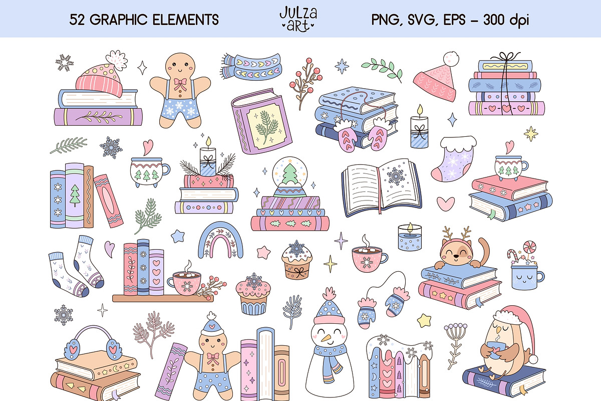 Winter Bookish Clipart, a Seasonal Illustration by JulzaArt (Photo 2 of 7)