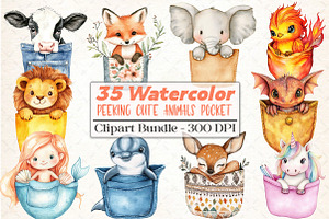 Peeking Cute Animals Pocket Clipart, an Illustration by DreamCafeArt